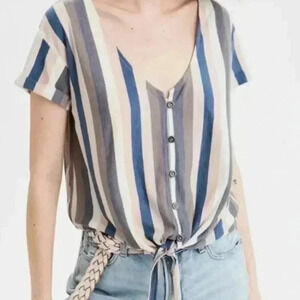 American Eagle Women's Stripped Shirt Sz M Roll Sleeve Tie Front
